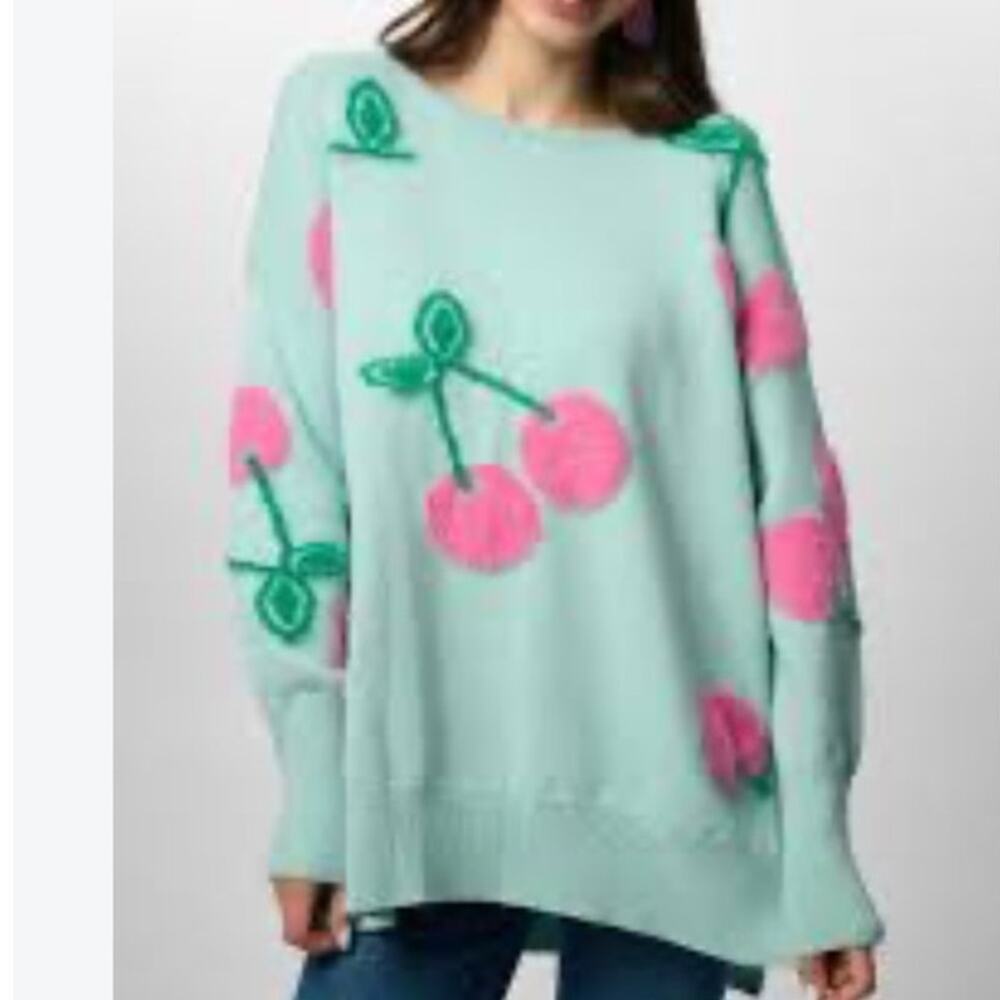 SAACHI Women's Oversized Chunky Knit Sweater Blue Cherry Applique XL Whimsical